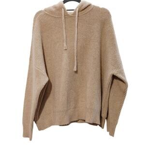 Nuuds Drawstring Hooded Sweater Beige Soft Rib Knit Pullover Womens Small